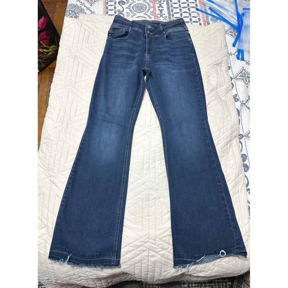 KanCan Maurices Women Dark Wash Flare Jeans Raw Hem High Rise Size 28 211016